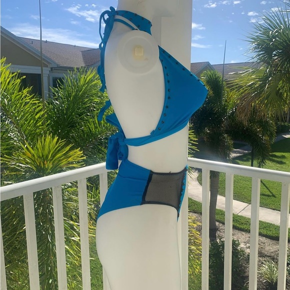 BLUE HIGHWAISTED BIKINI HANDMADE FANCY BY FRANCESCA WATSON SAMPLE SALE - Picture 2 of 3